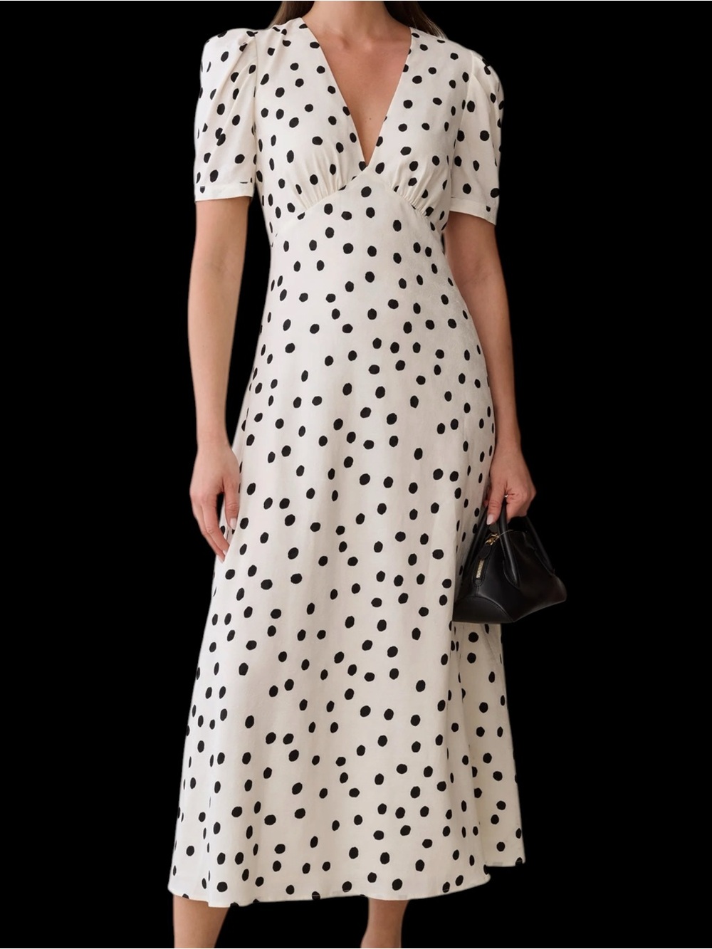 Sorella Few Moda Alyssa Dress Polka Dot V-Neck Midi White Black NWT